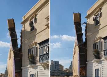 Panico a Sliema. Operaio in bilico cerca di afferrare un’impalcatura a rischio crollo