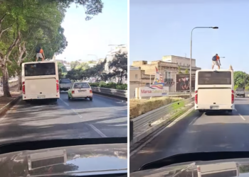 Uomo immortalato mentre viaggia sul tetto di un autobus della Tallinja. Il video diventa virale