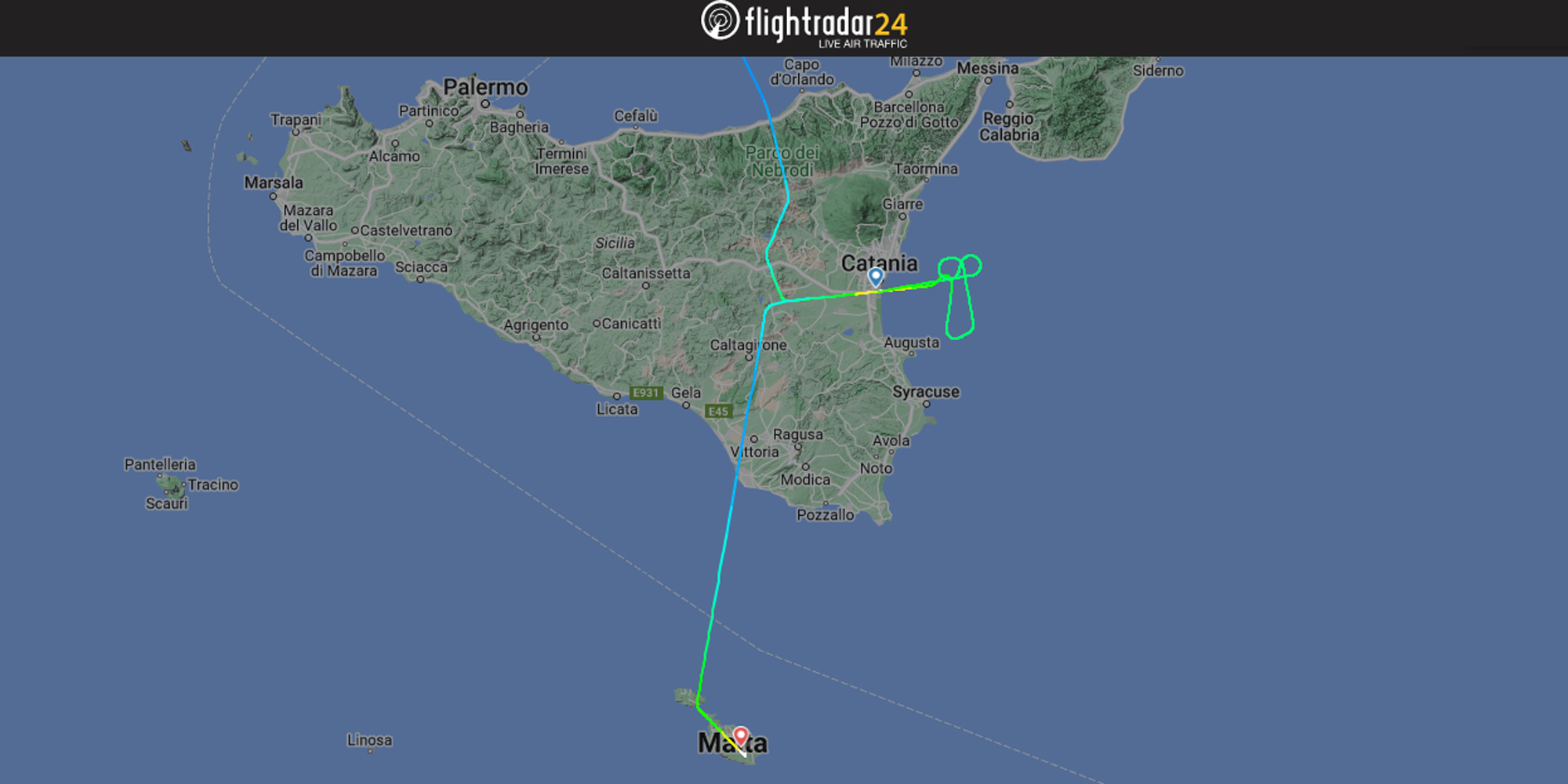 La forma fallica disegnata durante la deviazione verso Malta dal volo LH306 - @Flightradar24
