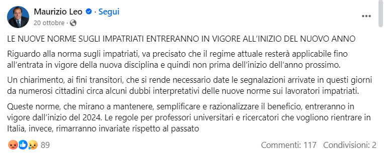 On. Leo sul regime transitorio - Post del Viceministro Maurizio Leo