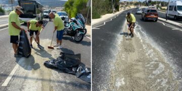 Betoniera perde cemento a Mellieha, operai di Clean Malta al lavoro: «Tocca a noi ripulire la sciatteria altrui»