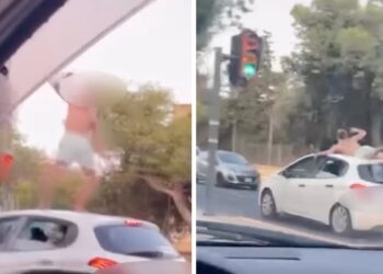 Follia in strada, auto viaggia con passeggero sdraiato sul tettuccio: multati due turisti